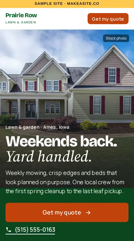 A real makeasite sample site on a phone: Prairie Row Lawn & Garden, a fictional lawn care business