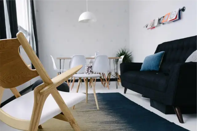 Living room with a dark rug and black sofa