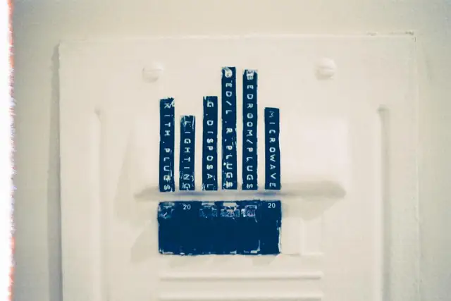 Labeled breakers in a white panel