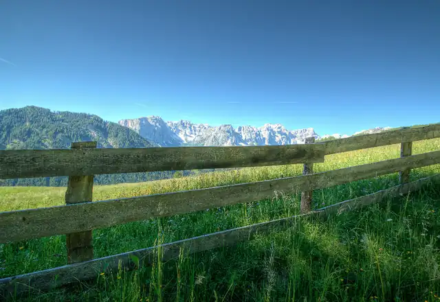 Wooden ranch rail fence across a green field