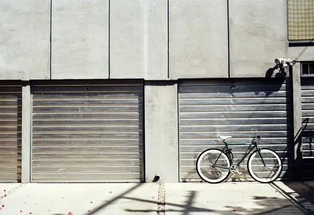 Garage doors with a bicycle out front