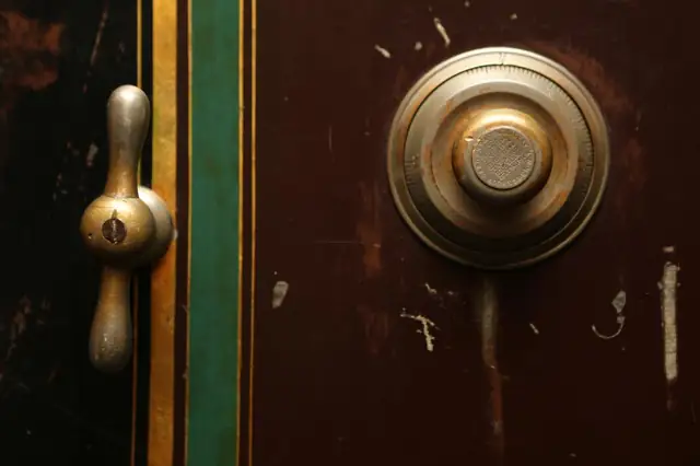 Close-up of a safe's combination dial