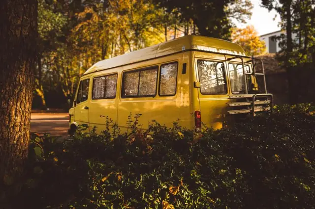 Yellow vintage van parked under autumn trees