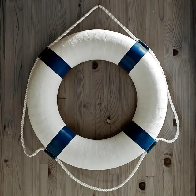 Life ring hanging on a wooden wall