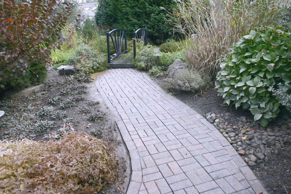Clean brick-paver garden path between planting beds