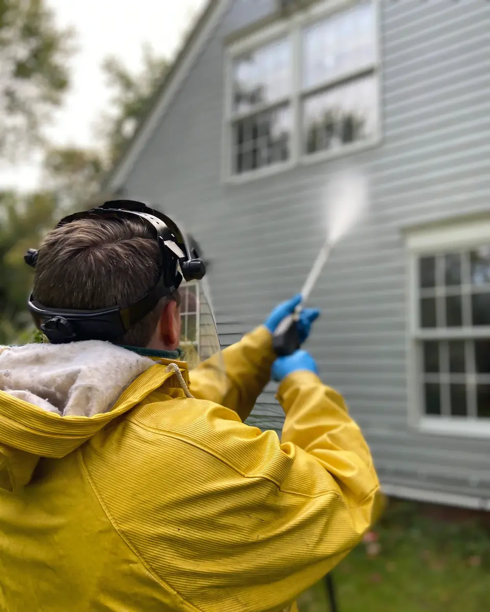 Person in a yellow rain jacket, seen from behind, pressure-washing the grey siding of a house