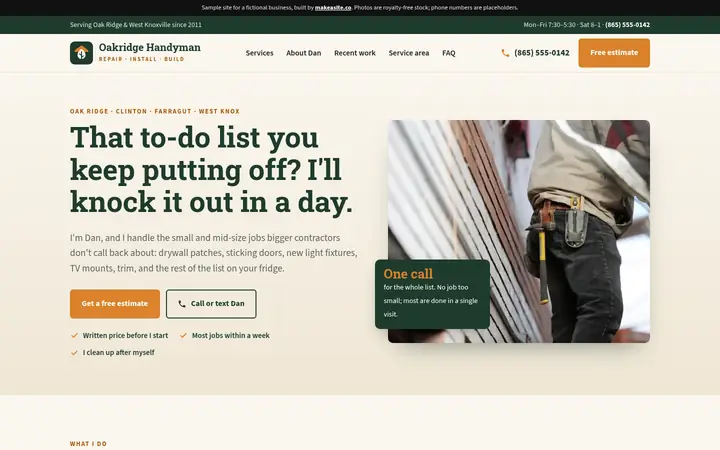 Preview of the Oakridge Handyman Co. sample site