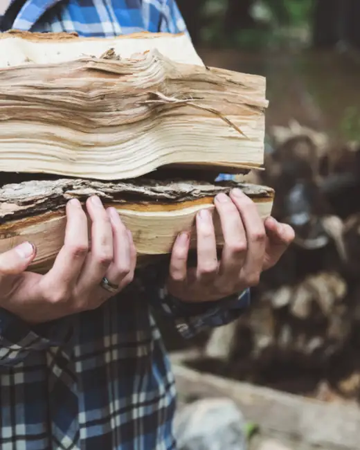 Arborist in a flannel shirt carrying an armload of split firewood