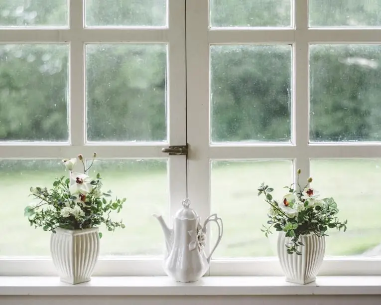 Sunny white-framed window with potted flowers on the sill